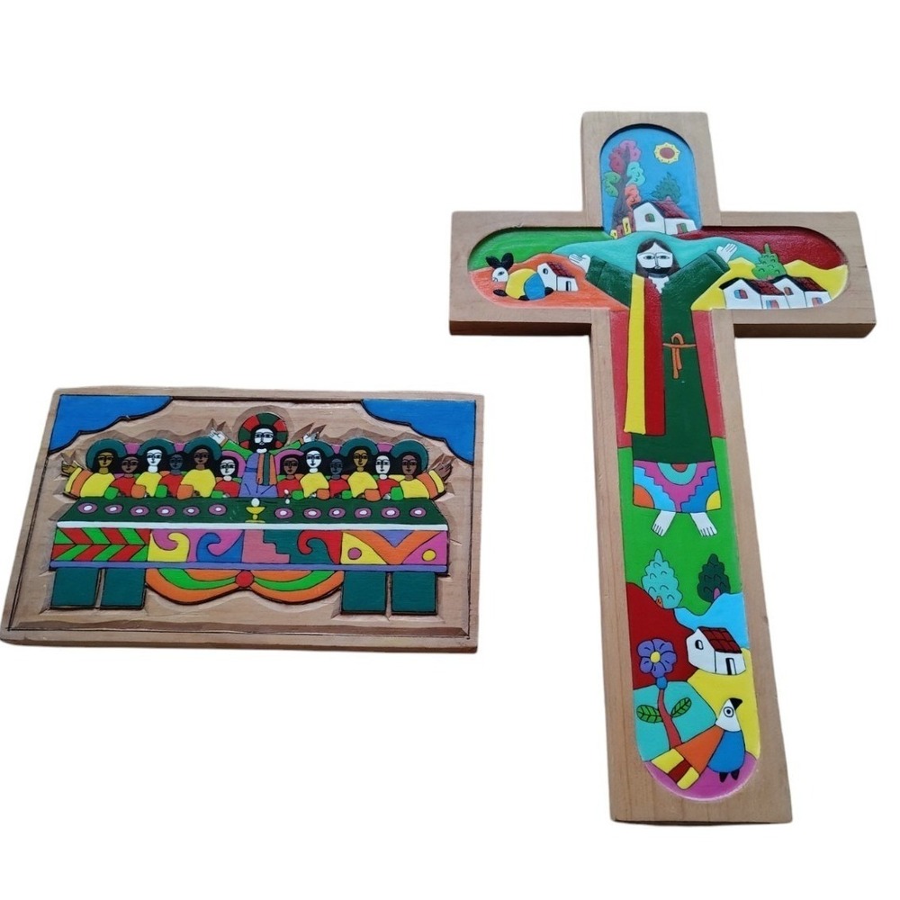 El Salvador Vintage Folk Art Jesus on Cross Hand Painted Wood Religious &Other
